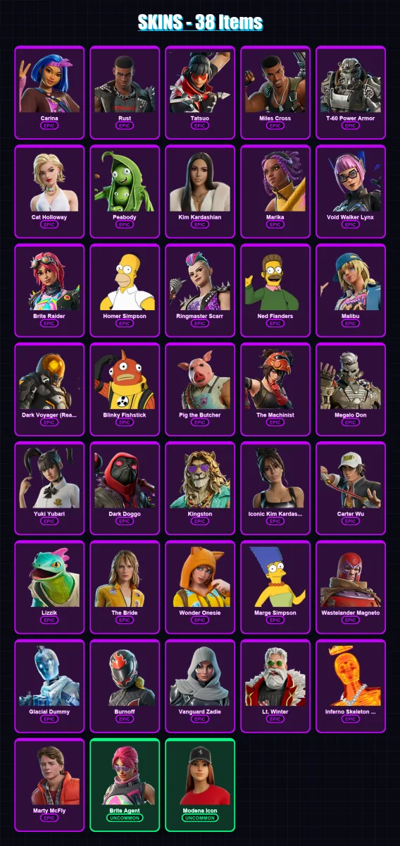 [PC/XBOX/PSN] | Carina | Rust | Tatsuo | Miles Cross | T-60 Power Armor | 38 skin | 94 pickaxe | 50 emote | 62 glider | Lv916 — Fortnite account