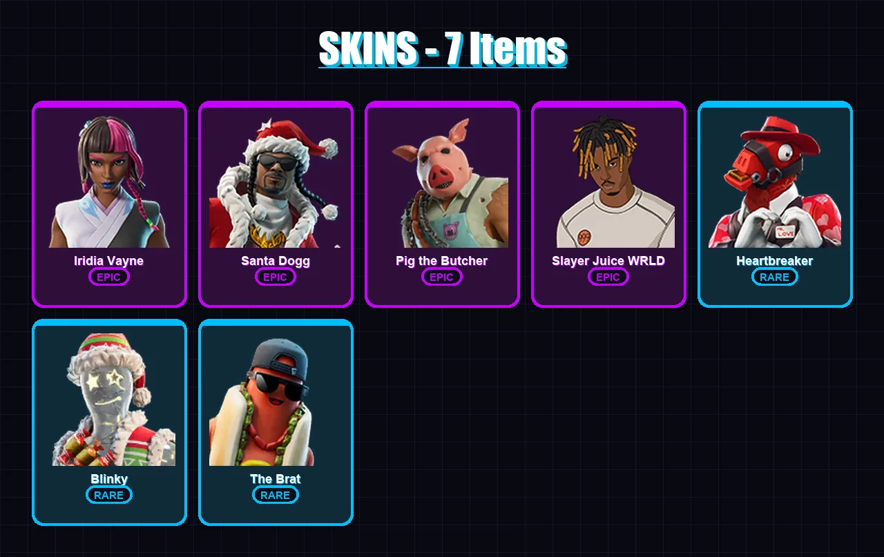 [PC/XBOX/PSN] | Iridia Vayne | Santa Dogg | Pig the Butcher | Slayer Juice WRLD | Heartbreaker | 7 skin | 42 pickaxe | 25 emote | 26 glider | Lv485