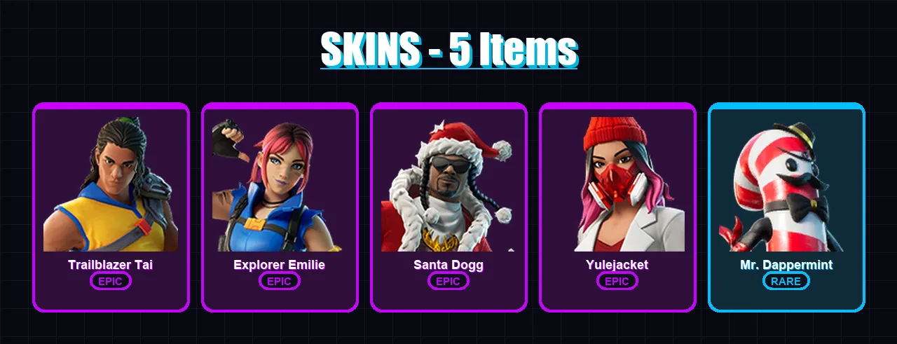[PC/XBOX/PSN] | Trailblazer Tai | Explorer Emilie | Santa Dogg | Yulejacket | Mr. Dappermint | 5 skin | 13 pickaxe | 7 emote | 9 glider | Lv125