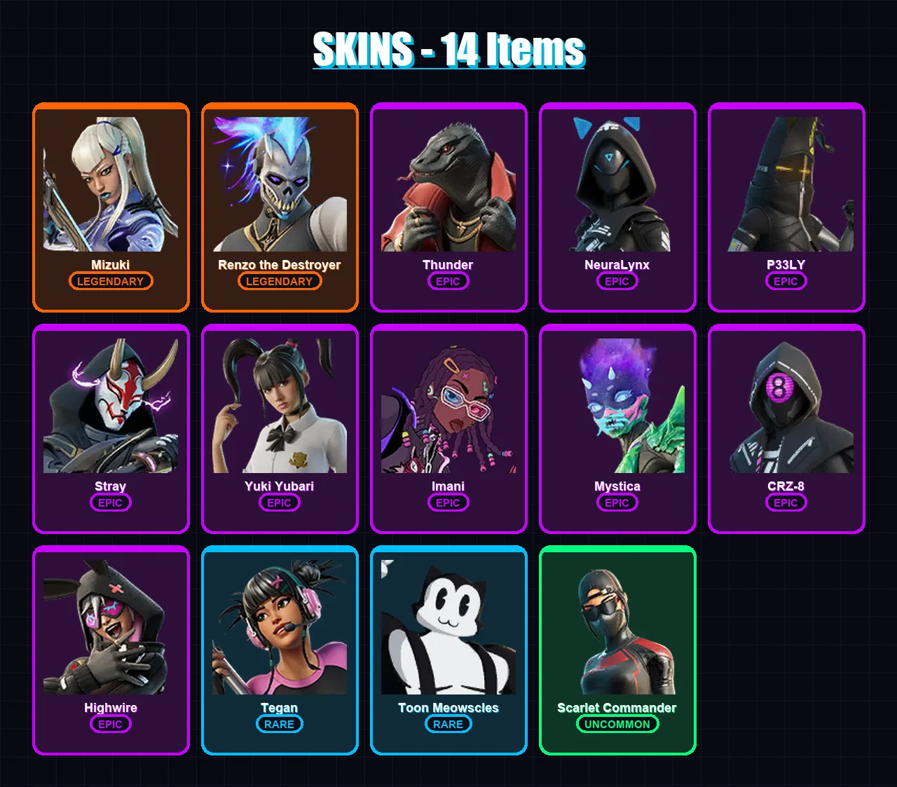 [PC/XBOX/PSN] | Mizuki | Renzo the Destroyer | Thunder | NeuraLynx | P33LY | 14 skin | 24 pickaxe | 16 emote | 18 glider | Lv201