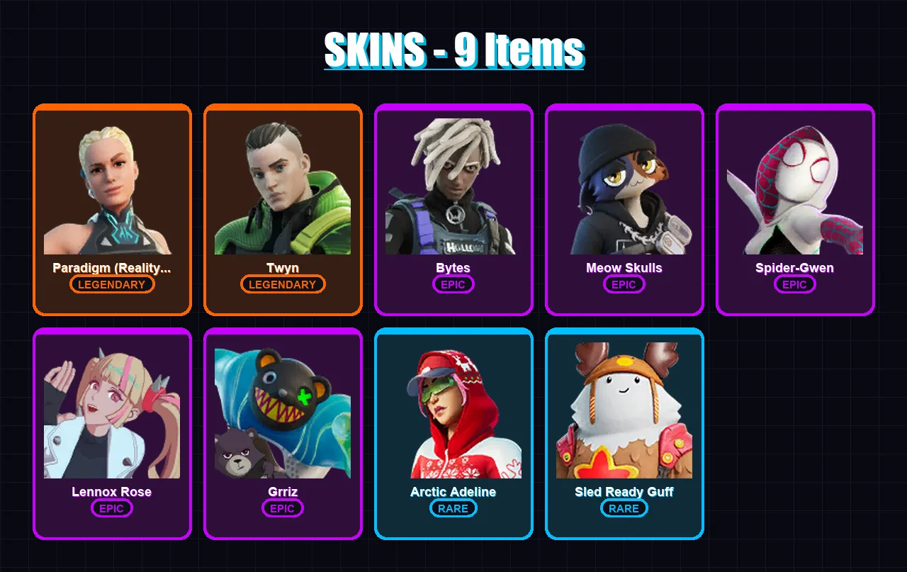 [PC/XBOX/PSN] | Paradigm (Reality-659) | Twyn | Bytes | Meow Skulls | Spider-Gwen | 9 skin | 13 pickaxe | 7 emote | 13 glider | Lv141