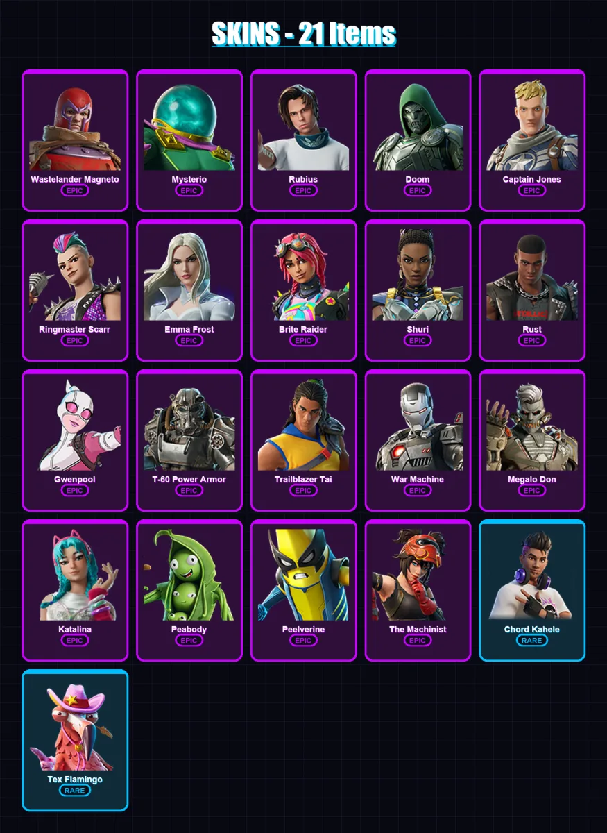 [PC/XBOX/PSN] | Wastelander Magneto | Mysterio | Rubius | Doom | Captain Jones | 21 skin | 31 pickaxe | 26 emote | 23 glider | Lv523