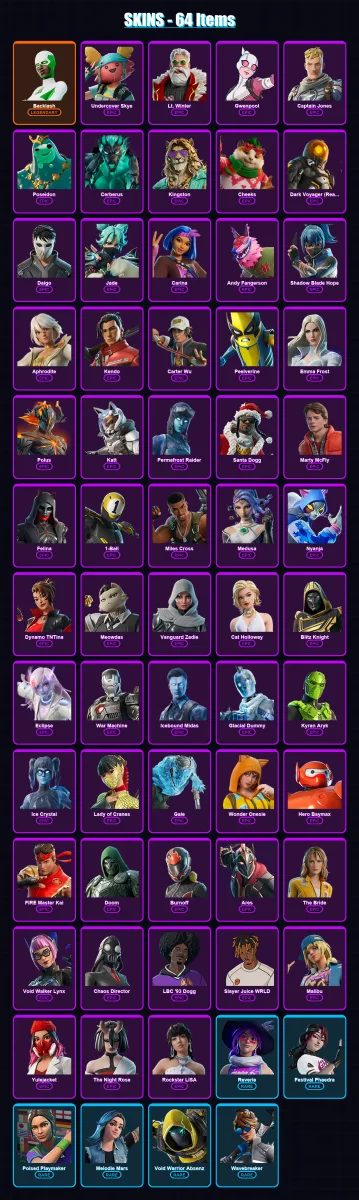 [PC/PSN] | Backlash | Undercover Skye | Lt. Winter | Gwenpool | Captain Jones | 64 skin | 111 pickaxe | 51 emote | 58 glider | Lv598