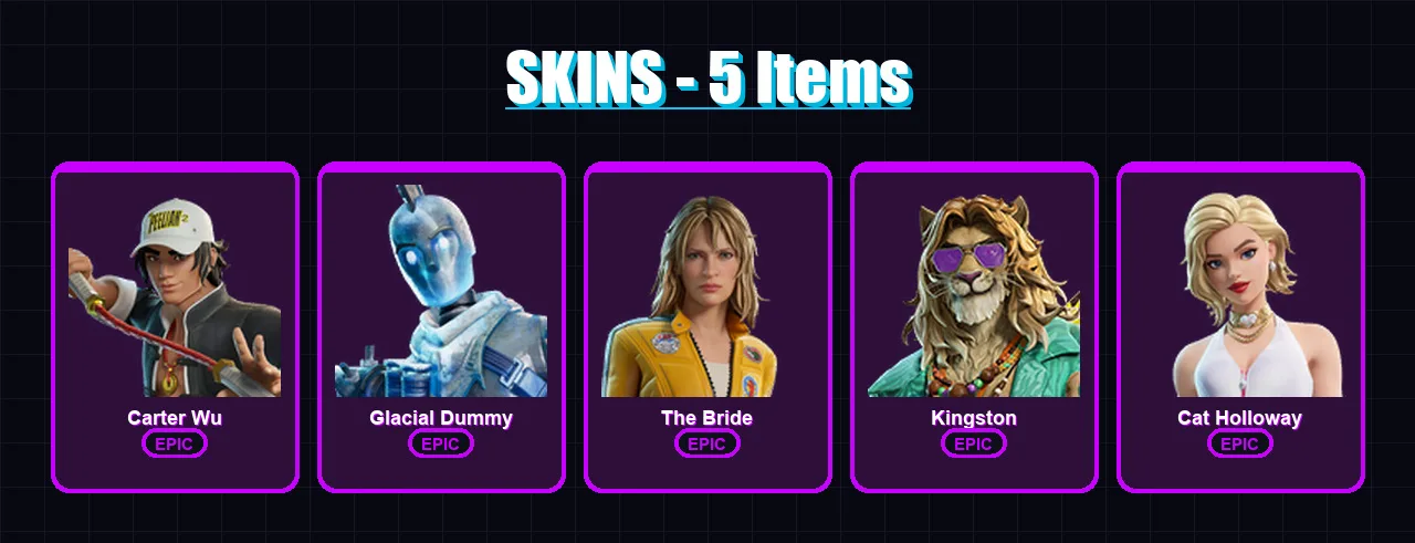 [PS4/PS5/XBOX/PC] | Carter Wu | Glacial Dummy | The Bride | Kingston | Cat Holloway | 5 skin | 9 pickaxe | 6 emote | 8 glider | Lv38