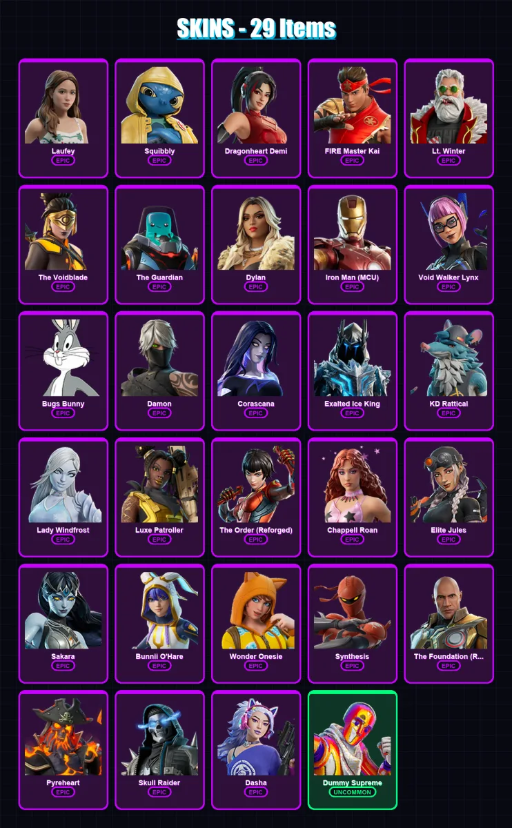 [PS4/PS5/PC] | Laufey | Squibbly | Dragonheart Demi | FIRE Master Kai | Lt. Winter | 29 skin | 47 pickaxe | 28 emote | 27 glider | Lv386