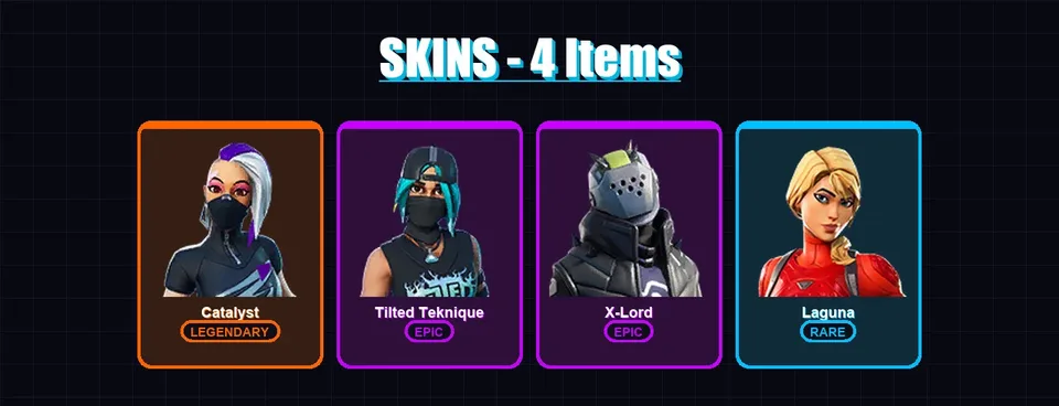 [PC/XBOX/PSN] | Catalyst | Tilted Teknique | X-Lord | Laguna | 4 skin | 4 pickaxe | 3 emote | 5 glider | Lv65 — main preview