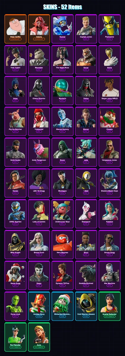 [PC/XBOX/PSN] | Peter Griffin | Valeria | Nyanja | Captain Jones | Peelverine | 52 skin | 133 pickaxe | 71 emote | 77 glider | Lv1683