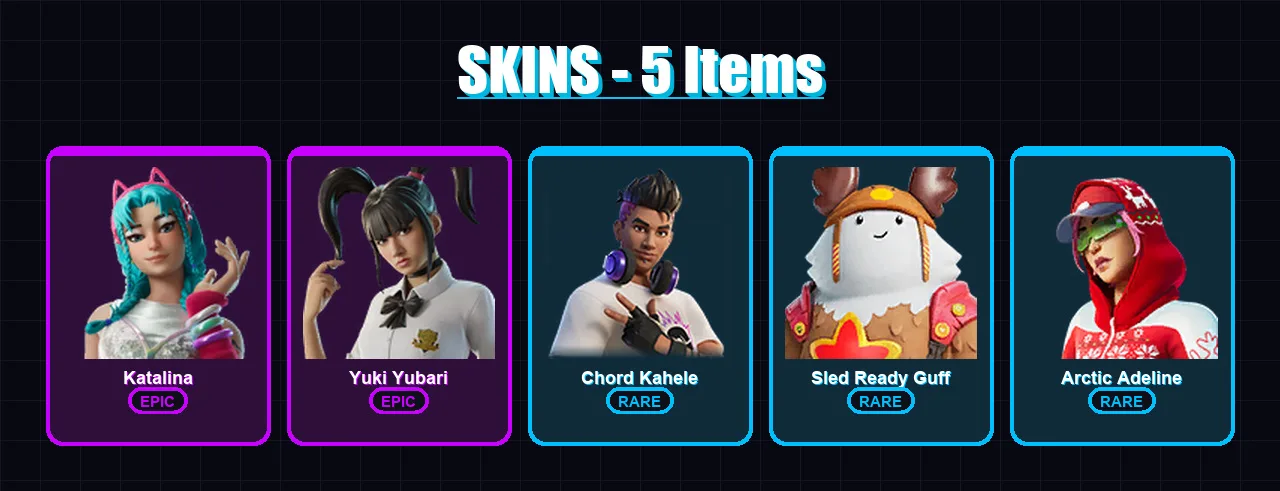 [PC/XBOX/PSN] | Katalina | Yuki Yubari | Chord Kahele | Sled Ready Guff | Arctic Adeline | 5 skin | 11 pickaxe | 7 emote | 8 glider | Lv78