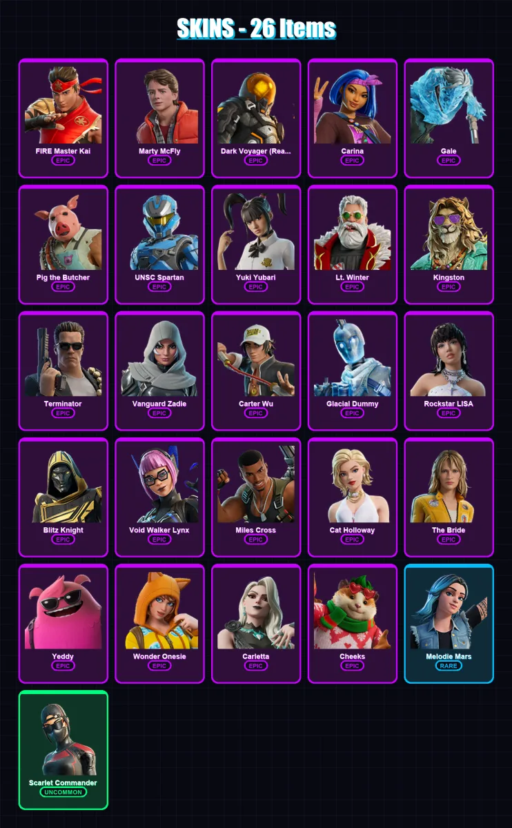 [PS4/PS5/PC] | FIRE Master Kai | Marty McFly | Dark Voyager (Reality Redacted) | Carina | Gale | 26 skin | 86 pickaxe | 34 emote | 48 glider | Lv927