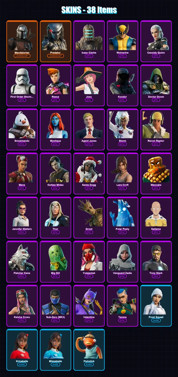 [SWITCH/XBOX/PSN/PC] | Mandalorian | Predator | Isaac Clarke | Wolverine | Cassidy Quinn | 38 skin | 71 pickaxe | 48 emote | 59 glider | Lv999
