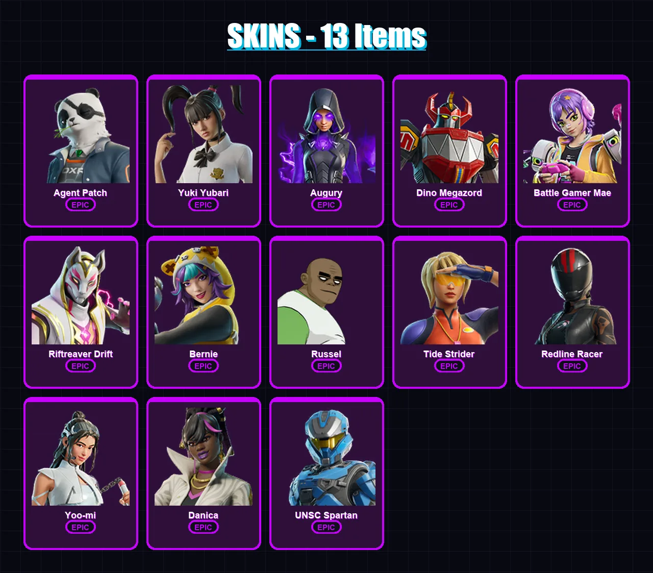 [PC/PSN] | Agent Patch | Yuki Yubari | Augury | Dino Megazord | Battle Gamer Mae | 13 skin | 23 pickaxe | 18 emote | 15 glider | Lv149