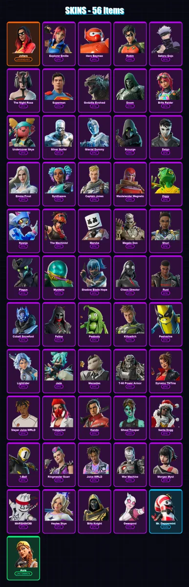 [PS4/PS5/PC] | Joltara | Explorer Emilie | Hero Baymax | Robin | Satoru Gojo | 56 skin | 99 pickaxe | 61 emote | 69 glider | Lv982 — Fortnite account