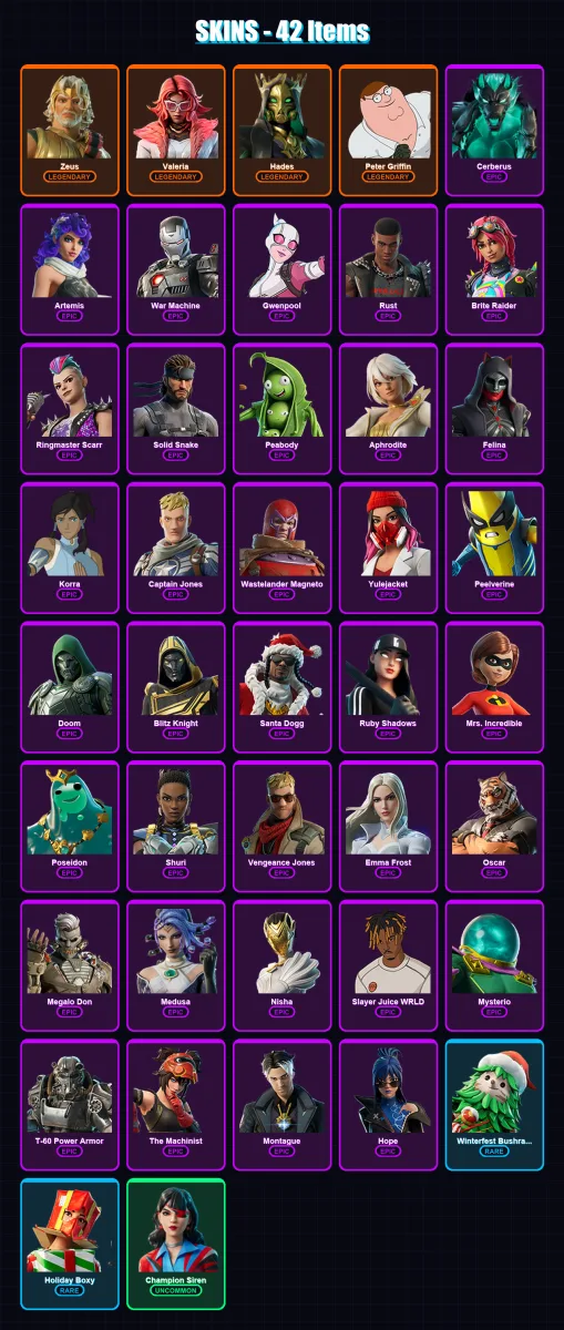 [PS4/PS5/XBOX/PC] | Zeus | Valeria | Hades | Peter Griffin | Cerberus | 42 skin | 77 pickaxe | 58 emote | 60 glider | Lv1163