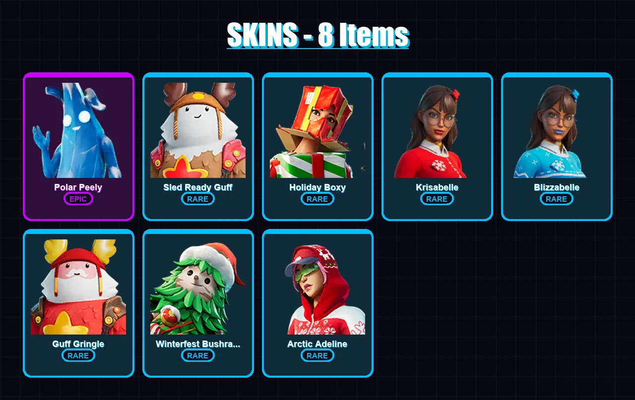 [PC/XBOX/PSN] | Polar Peely | Sled Ready Guff | Holiday Boxy | Krisabelle | Blizzabelle | 8 skin | 14 pickaxe | 9 emote | 14 glider | Lv136