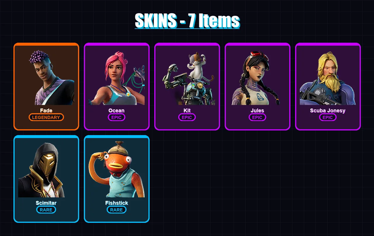[PC/XBOX/PSN] | Fade | Ocean | Kit | Jules | Scuba Jonesy | 7 skin | 8 pickaxe | 14 emote | 11 glider | Lv114