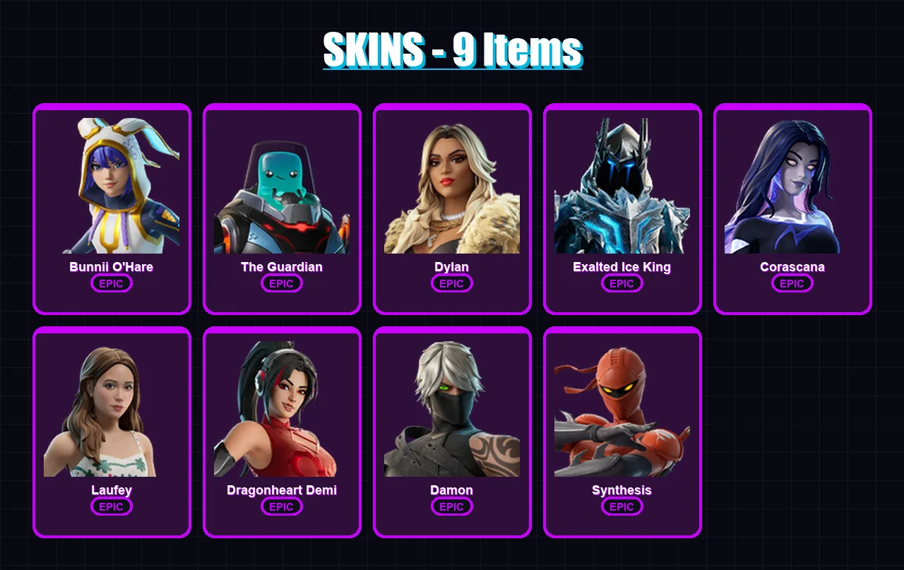 [PC/PSN] | Bunnii O'Hare | The Guardian | Dylan | Exalted Ice King | Corascana | 9 skin | 6 pickaxe | 1 emote | 2 glider