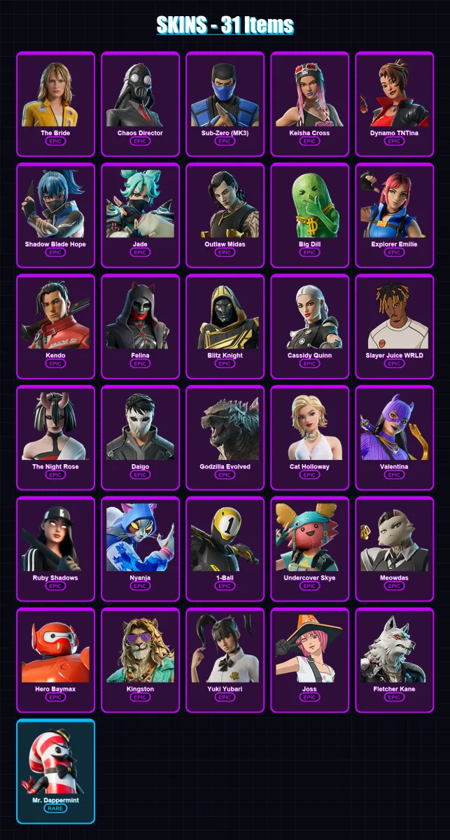 [PC/XBOX/PSN] | The Bride | Chaos Director | Sub-Zero (MK3) | Keisha Cross | Dynamo TNTina | 31 skin | 72 pickaxe | 45 emote | 56 glider | Lv850