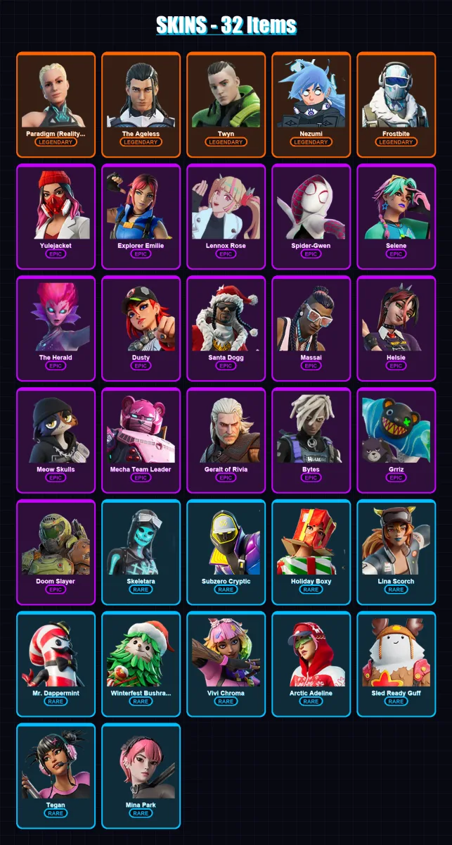 [PC/XBOX] | Paradigm (Reality-659) | The Ageless | Twyn | Nezumi | Frostbite | 32 skin | 42 pickaxe | 36 emote | 39 glider | Lv675 — Fortnite account