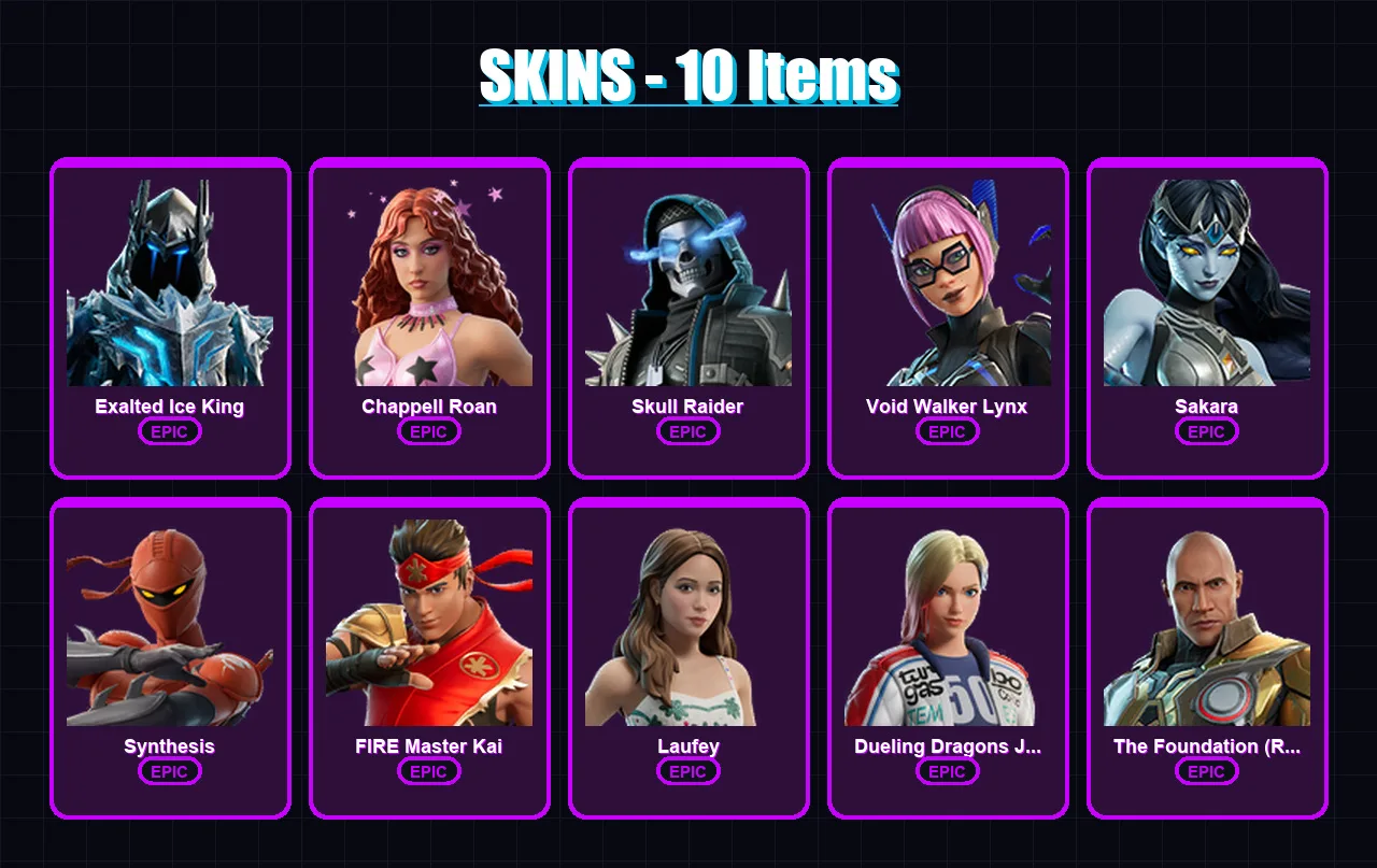 [PC/PSN] | Exalted Ice King | Chappell Roan | Skull Raider | Void Walker Lynx | Sakara | 10 skin | 4 pickaxe | 2 emote | 2 glider | Lv3