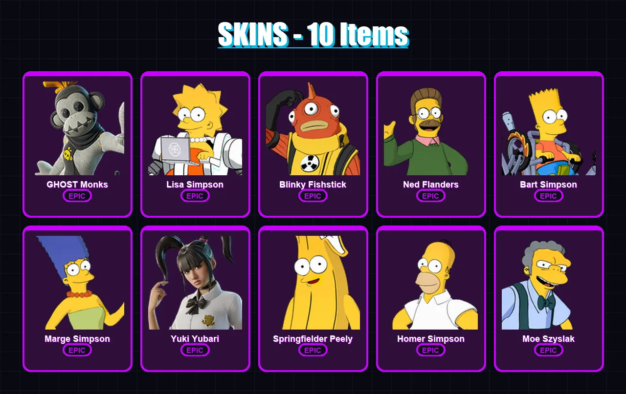 [PC/XBOX/PSN] | GHOST Monks | Lisa Simpson | Blinky Fishstick | Ned Flanders | Bart Simpson | 10 skin | 21 pickaxe | 16 emote | 13 glider | Lv150