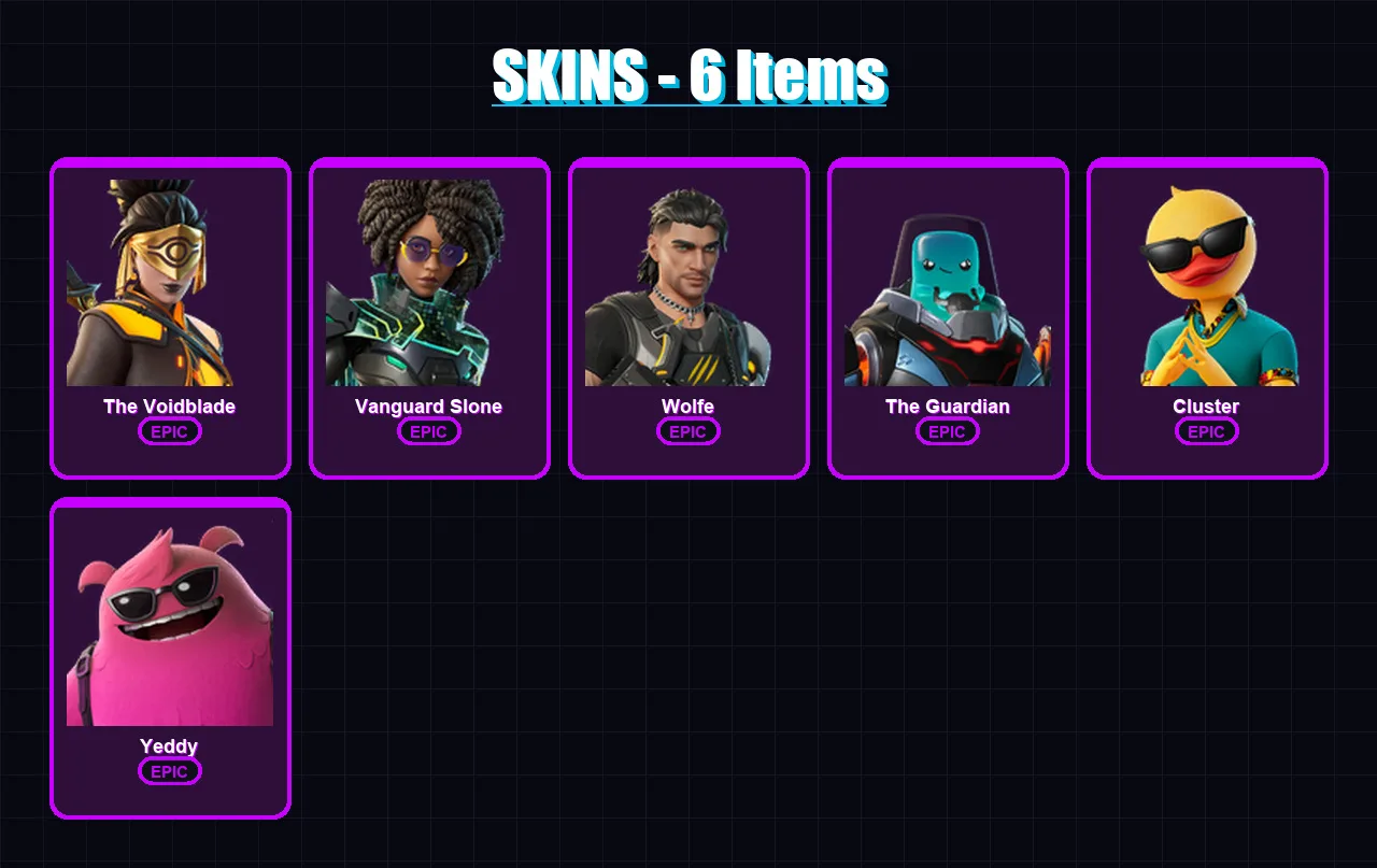 [PC/XBOX/PSN] | The Voidblade | Vanguard Slone | Wolfe | The Guardian | Cluster | 6 skin | 20 pickaxe | 14 emote | 14 glider | Lv174