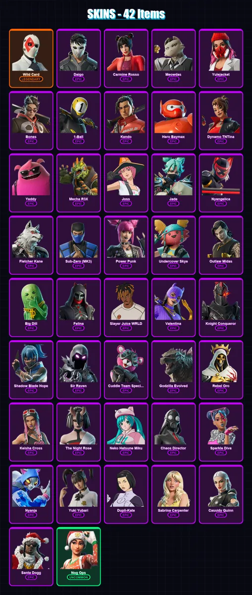 [PC/XBOX/PSN] | Wild Card | Daigo | Carmine Rosso | Meowdas | Yulejacket | 42 skin | 89 pickaxe | 52 emote | 55 glider | Lv1907