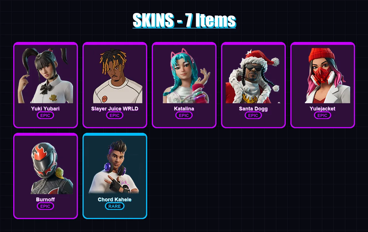 [PC/XBOX/PSN] | Yuki Yubari | Slayer Juice WRLD | Katalina | Santa Dogg | Yulejacket | 7 skin | 40 pickaxe | 13 emote | 29 glider | Lv515