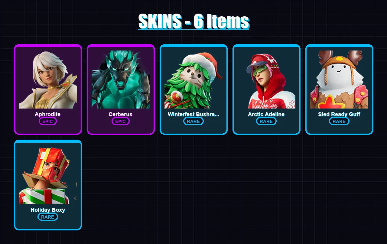 [PC/XBOX/PSN] | Aphrodite | Cerberus | Winterfest Bushranger | Arctic Adeline | Sled Ready Guff | 6 skin | 16 pickaxe | 10 emote | 20 glider | Lv240