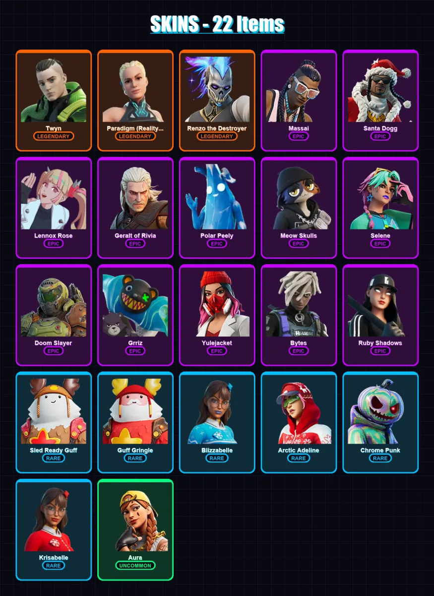 [PC/XBOX/PSN] | Twyn | Paradigm (Reality-659) | Renzo the Destroyer | Massai | Santa Dogg | 22 skin | 41 pickaxe | 27 emote | 36 glider | Lv453