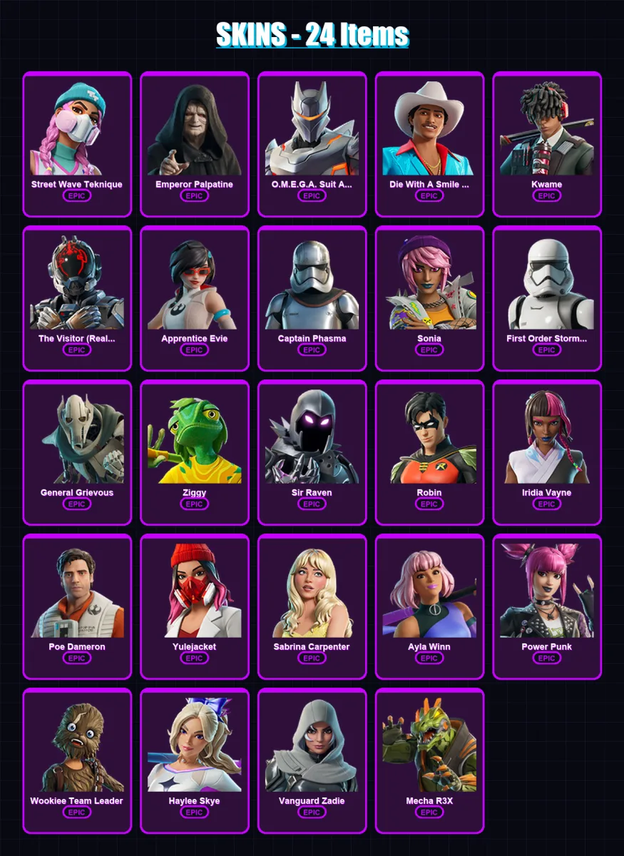 [PC/XBOX/PSN] | Street Wave Teknique | Emperor Palpatine | O.M.E.G.A. Suit Alpha | 24 skin | Lv424 — Fortnite account
