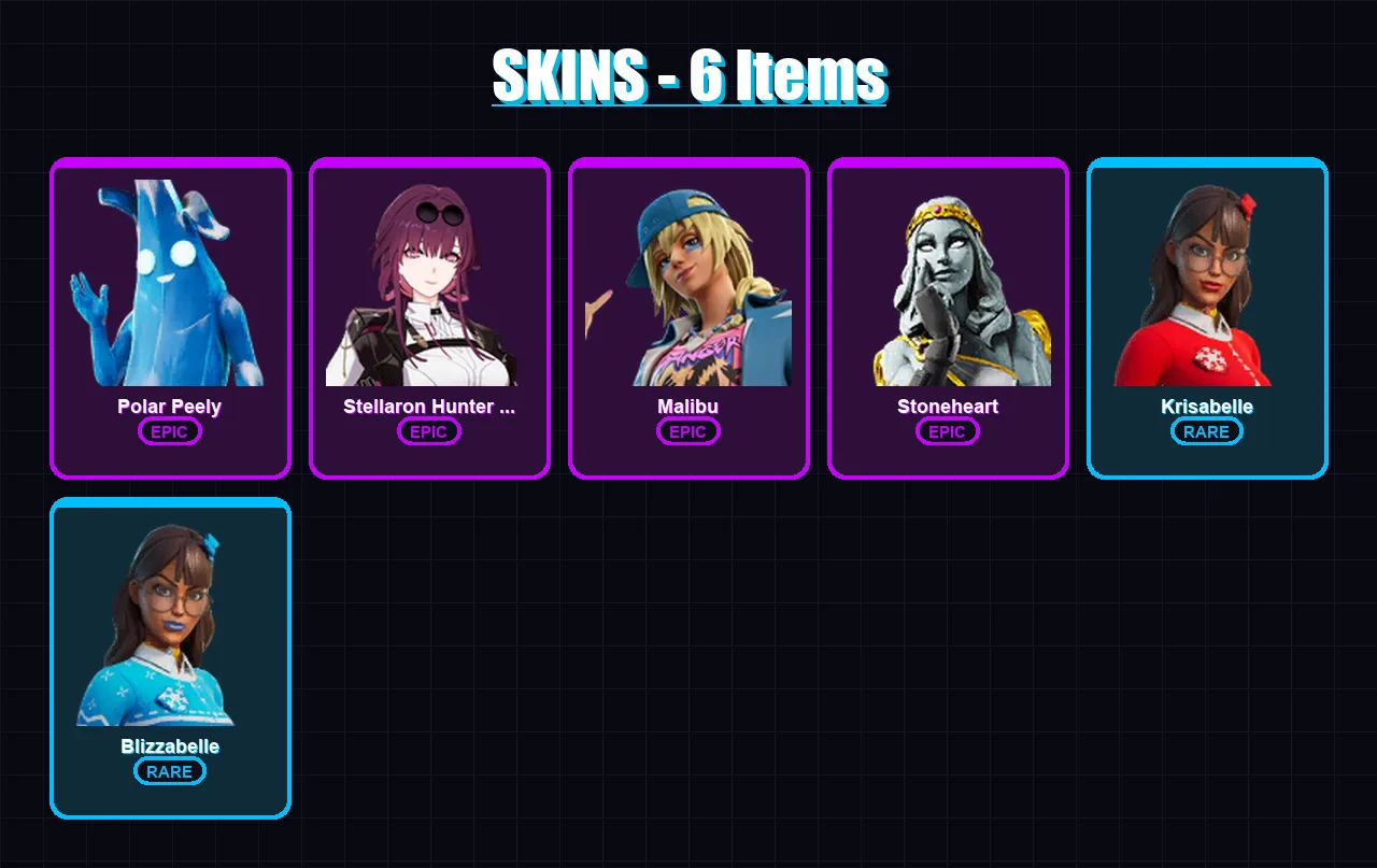 [PC/XBOX/PSN] | Polar Peely | Stellaron Hunter Kafka | Malibu | Stoneheart | Krisabelle | 6 skin | 13 pickaxe | 8 emote | 10 glider | Lv111