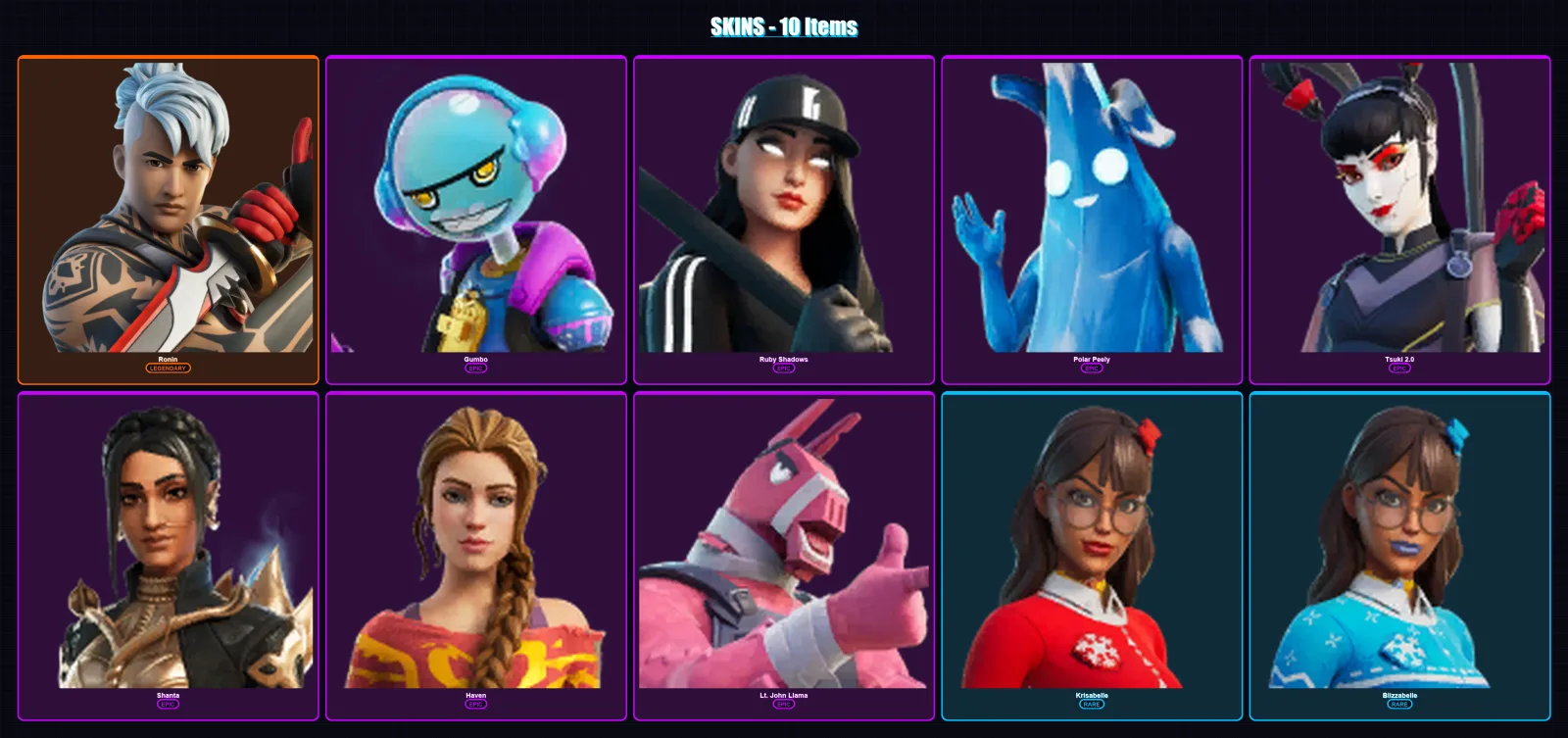 [PC/XBOX/PSN] | Ronin | Gumbo | Ruby Shadows | Polar Peely | Tsuki 2.0 | 10 skin | 17 pickaxe | 16 emote | 21 glider | Lv293