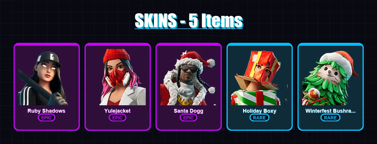 [PC/XBOX/PSN] | Ruby Shadows | Yulejacket | Santa Dogg | Holiday Boxy | Winterfest Bushranger | 5 skin | 21 pickaxe | 11 emote | 19 glider | Lv260