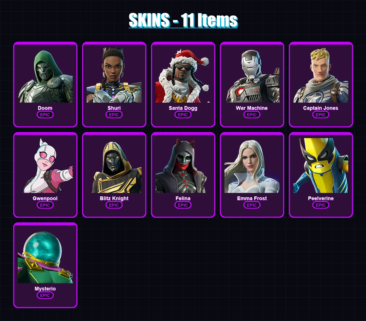 [PS4/PS5/XBOX/PC] | Doom | Shuri | Santa Dogg | War Machine | Captain Jones | 11 skin | 39 pickaxe | 15 emote | 18 glider | Lv272