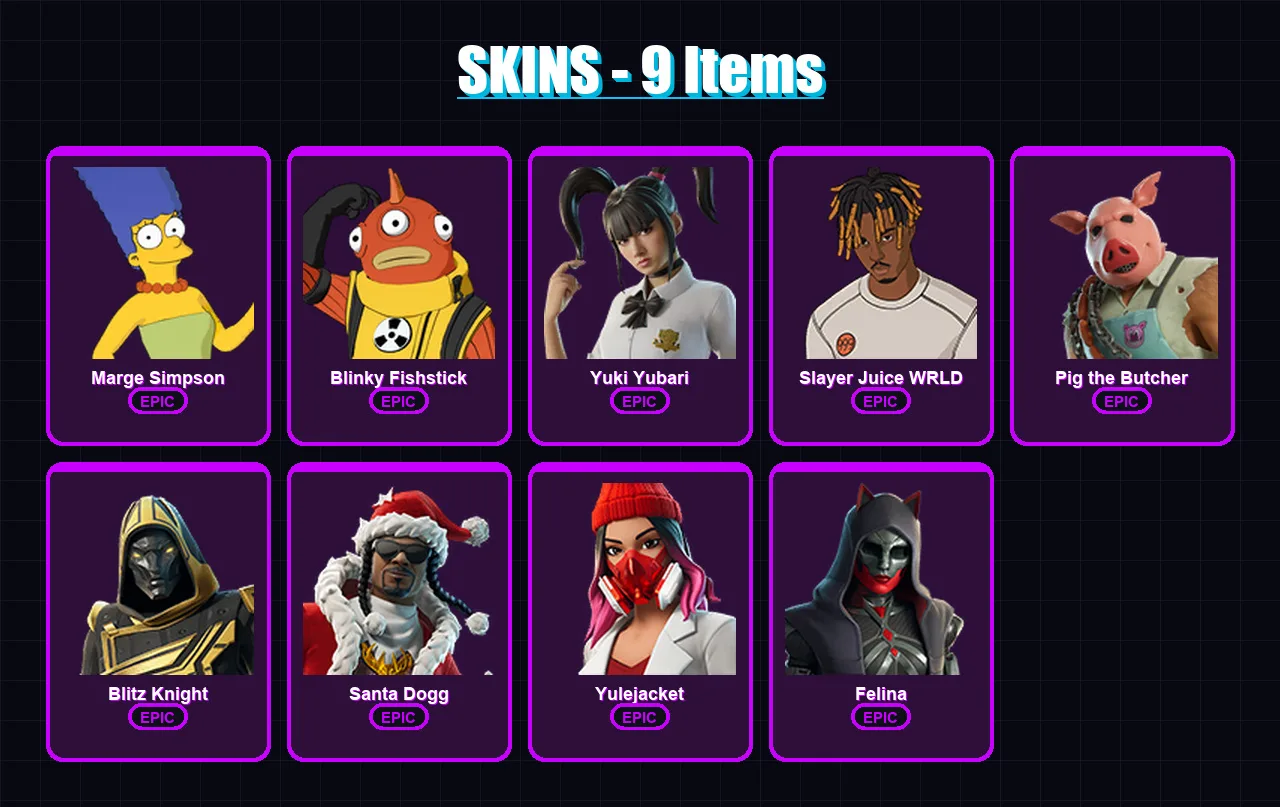[PC/XBOX] | Marge Simpson | Blinky Fishstick | Yuki Yubari | Slayer Juice WRLD | Pig the Butcher | 9 skin | 48 pickaxe | 18 emote | 29 glider | Lv56