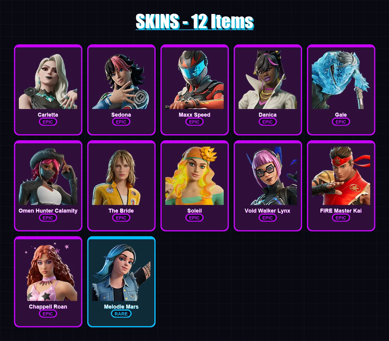 [PC/XBOX/PSN] | Carletta | Sedona | Maxx Speed | Danica | Gale | 12 skin | 8 pickaxe | 3 emote | 5 glider | Lv25