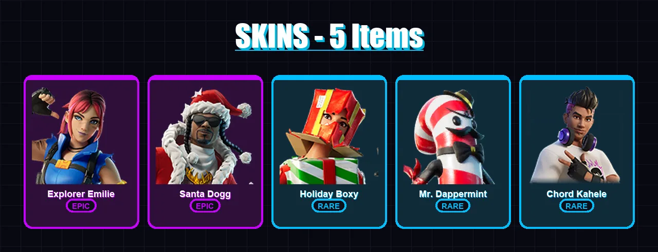 [PC/XBOX/PSN] | Explorer Emilie | Santa Dogg | Holiday Boxy | Mr. Dappermint | Chord Kahele | 5 skin | 3 pickaxe | 2 emote | 4 glider | Lv26