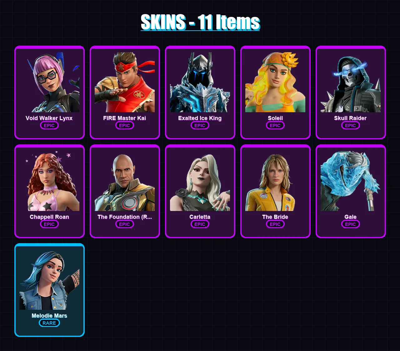 [PC/PSN] | Void Walker Lynx | FIRE Master Kai | Exalted Ice King | Soleil | Skull Raider | 11 skin | 10 pickaxe | 5 emote | 3 glider | Lv35
