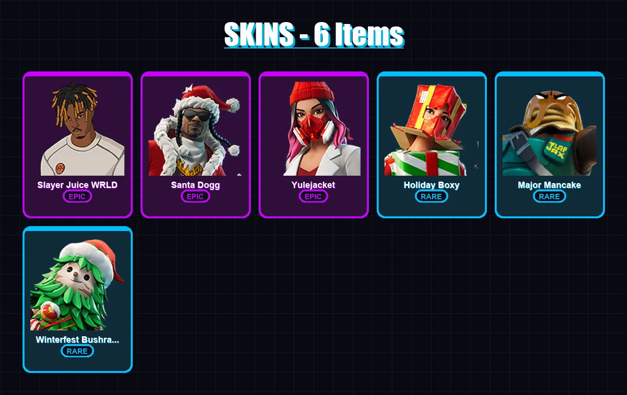 [PC/PSN] | Slayer Juice WRLD | Santa Dogg | Yulejacket | Holiday Boxy | Major Mancake | 6 skin | 34 pickaxe | 17 emote | 23 glider | Lv448