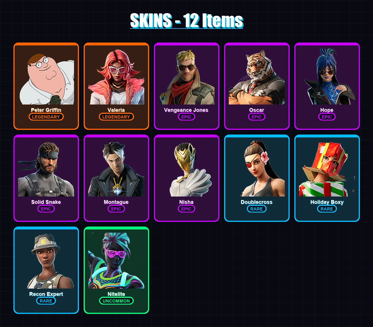 [PC/XBOX/PSN] | Peter Griffin | Valeria | Vengeance Jones | Oscar | Hope | 12 skin | 22 pickaxe | 18 emote | 17 glider | Lv345