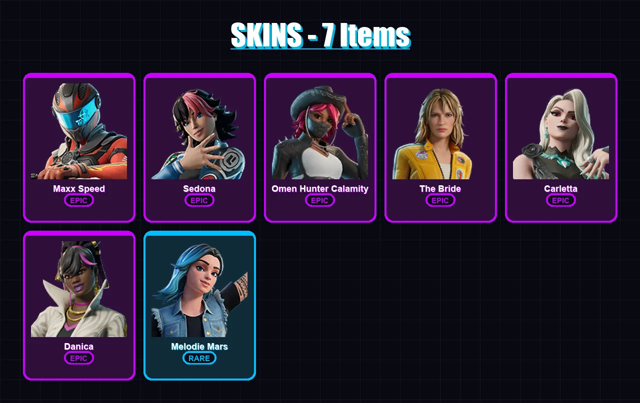 [PC/PSN] | Maxx Speed | Sedona | Omen Hunter Calamity | The Bride | Carletta | 7 skin | 8 pickaxe | 5 emote | 4 glider | Lv60