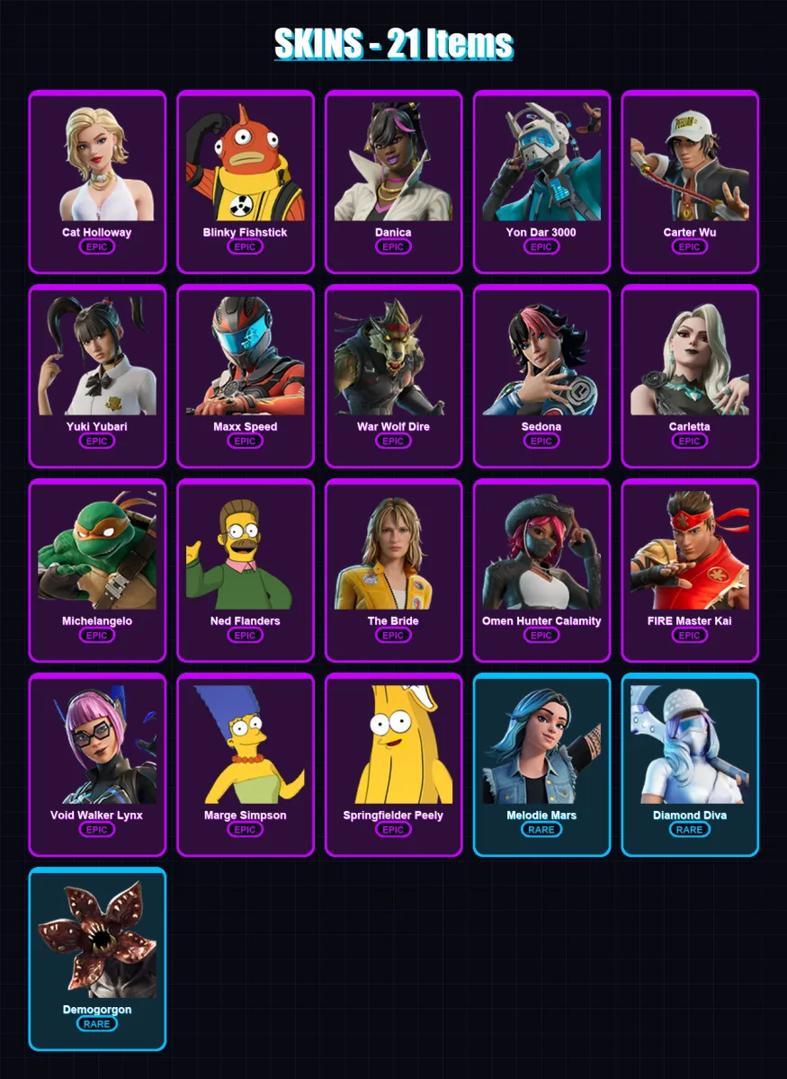 [PC/XBOX/PSN] | Cat Holloway | Blinky Fishstick | Danica | Yon Dar 3000 | Carter Wu | 21 skin | 29 pickaxe | 18 emote | 16 glider | Lv83 — Fortnite account