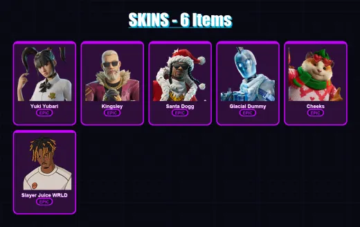 [PS4/PS5/XBOX/PC] | Yuki Yubari | Kingsley | Santa Dogg | Glacial Dummy | Cheeks | 6 skin | 43 pickaxe | 21 emote | 26 glider | Lv316