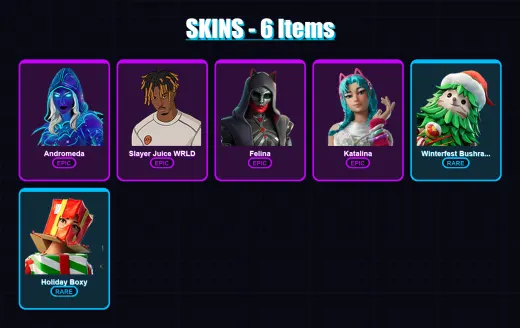 [PC/XBOX/PSN] | Andromeda | Slayer Juice WRLD | Felina | Katalina | Winterfest Bushranger | 6 skin | 9 pickaxe | 4 emote | 10 glider | Lv96