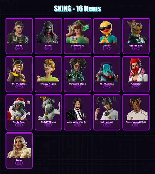 [PC/XBOX/PSN] | Wolfe | Felina | Heatwave PJ | Cluster | Scooby-Doo | 16 skin | 68 pickaxe | 29 emote | 45 glider | Lv614 — Game account