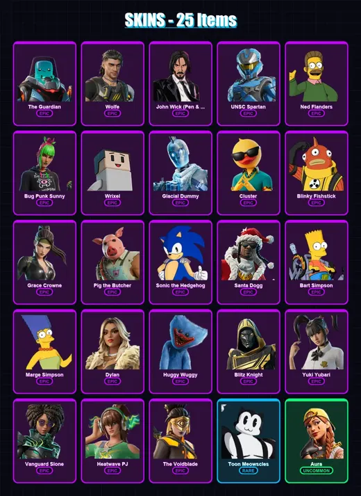 [PS4/PS5/XBOX/PC] | The Guardian | Wolfe | John Wick (Pen & Ink) | UNSC Spartan | Ned Flanders | 25 skin | 94 pickaxe | 35 emote | 55 glider | Lv729 — Game account