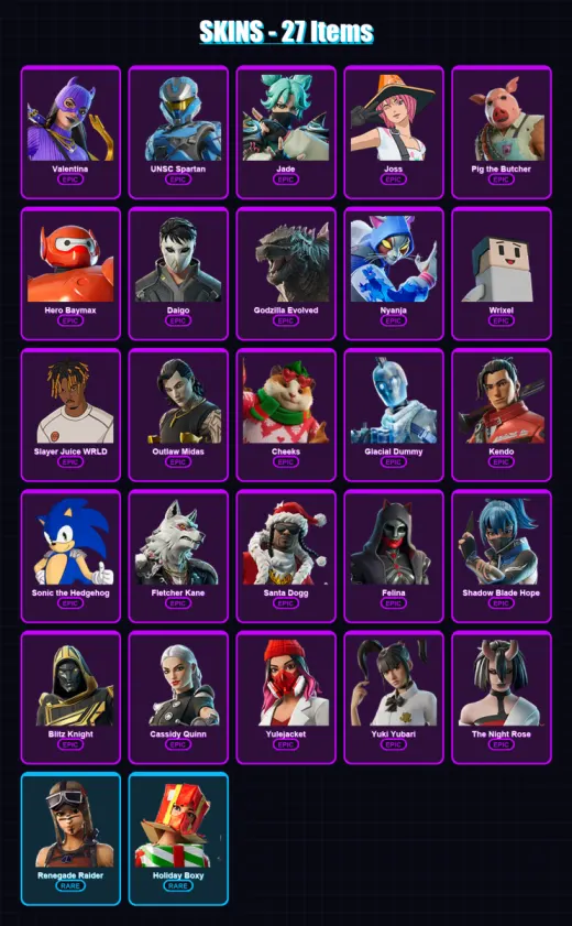 [PC/PSN] | Valentina | UNSC Spartan | Jade | Joss | Pig the Butcher | 27 skin | 104 pickaxe | 54 emote | 74 glider | Lv1118