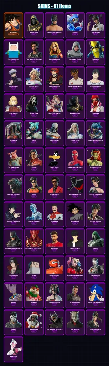 [PC] | Son Goku | Blitz Knight | Beach Bod Batman | Nyanja | Yuki Yubari | 61 skin | 117 pickaxe | 63 emote | 66 glider | Lv723 — Game account