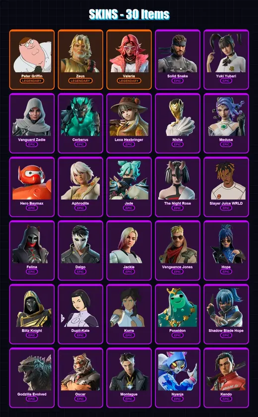 [PS4/PS5/XBOX/PC] | Peter Griffin | Zeus | Valeria | Solid Snake | Yuki Yubari | 30 skin | 92 pickaxe | 57 emote | 70 glider | Lv1225