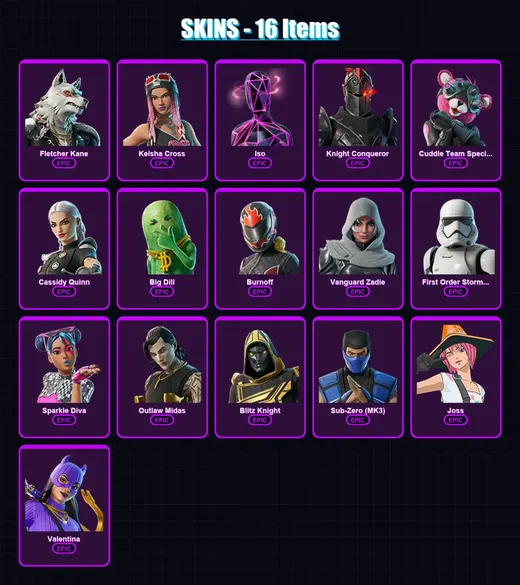 [PC/PSN] | Fletcher Kane | Keisha Cross | Iso | Knight Conqueror | Cuddle Team Specialist | 16 skin | 32 pickaxe | 17 emote | 21 glider | Lv192 — Game account
